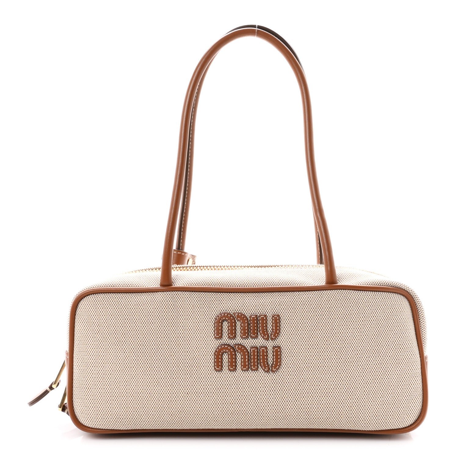 Miu Miu Canvas Calfskin Small Beau Top Handle Bag Naturale Brandy