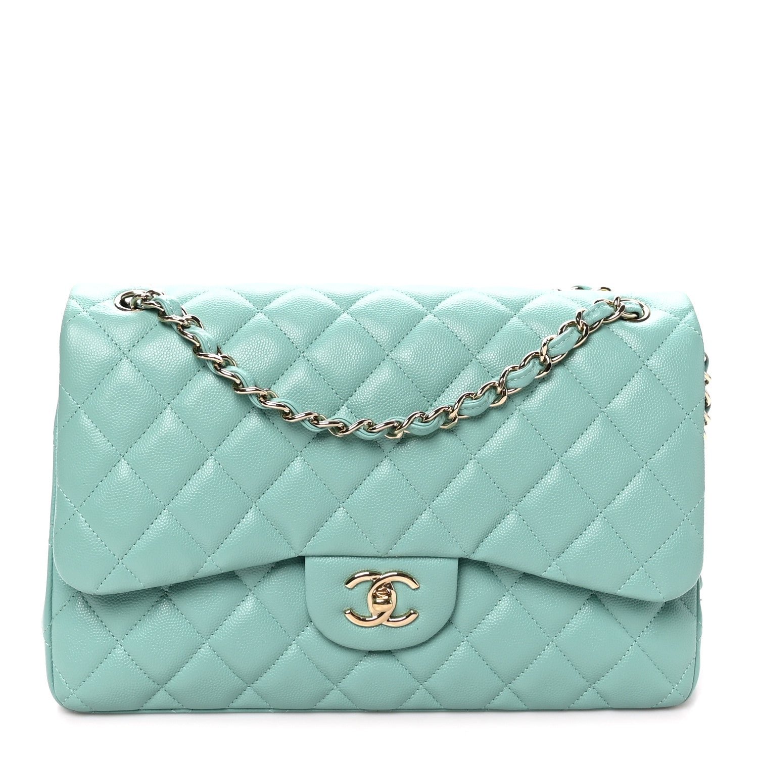 Chanel Caviar Quilted Jumbo Double Flap Light Green