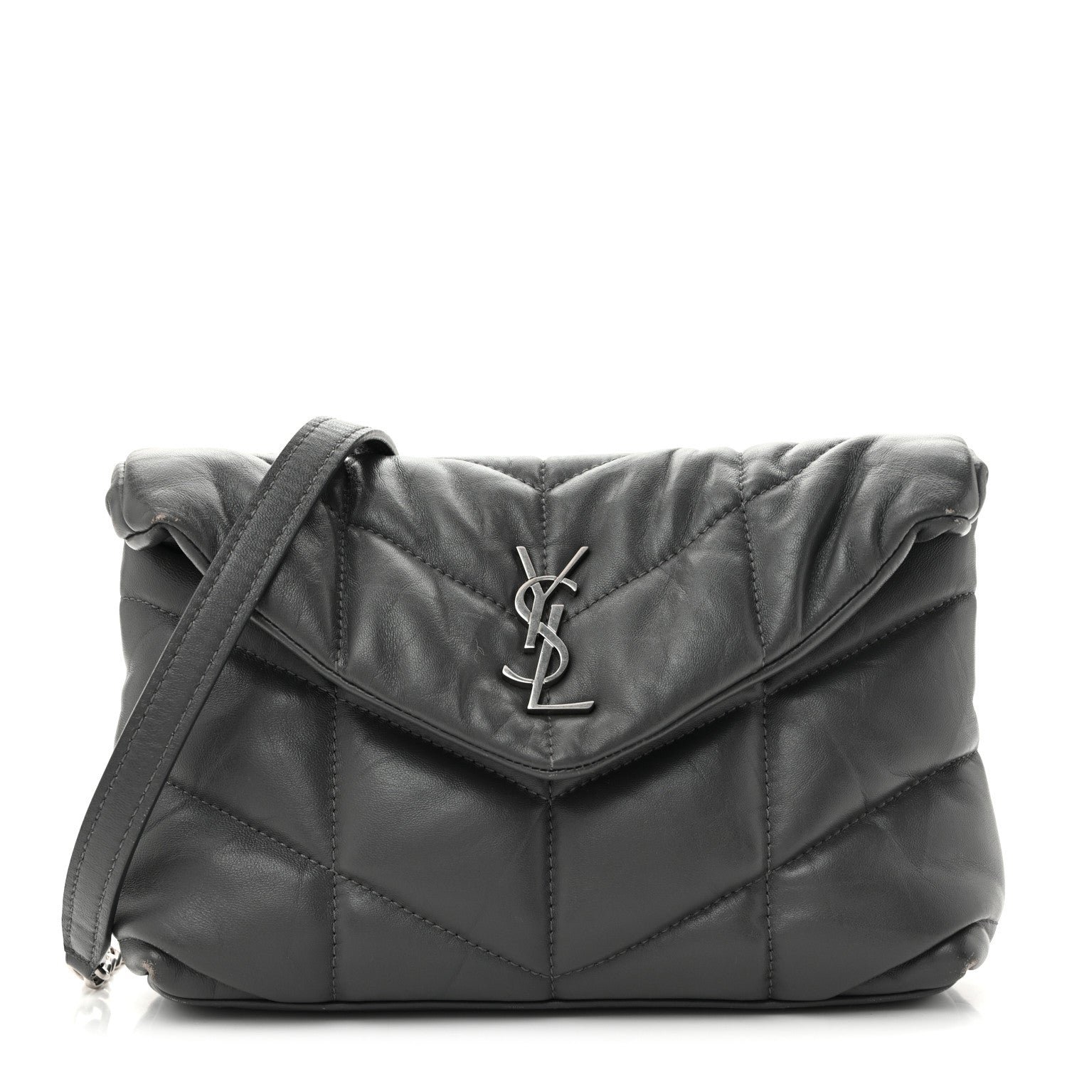 Saint Laurent Lambskin Quilted Toy Loulou Puffer Monogram Chain Satchel Fog