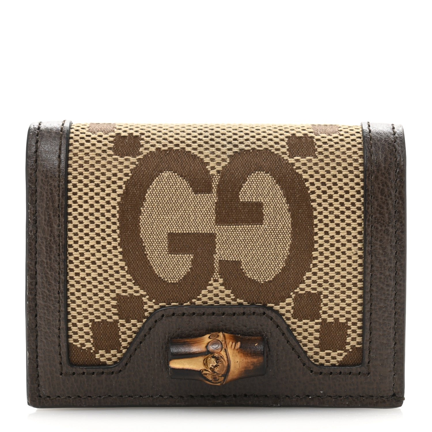 Gucci Monogram Jumbo GG Textured Dollar Calfskin Diana Card Case Wallet Camel Ebony New Acero