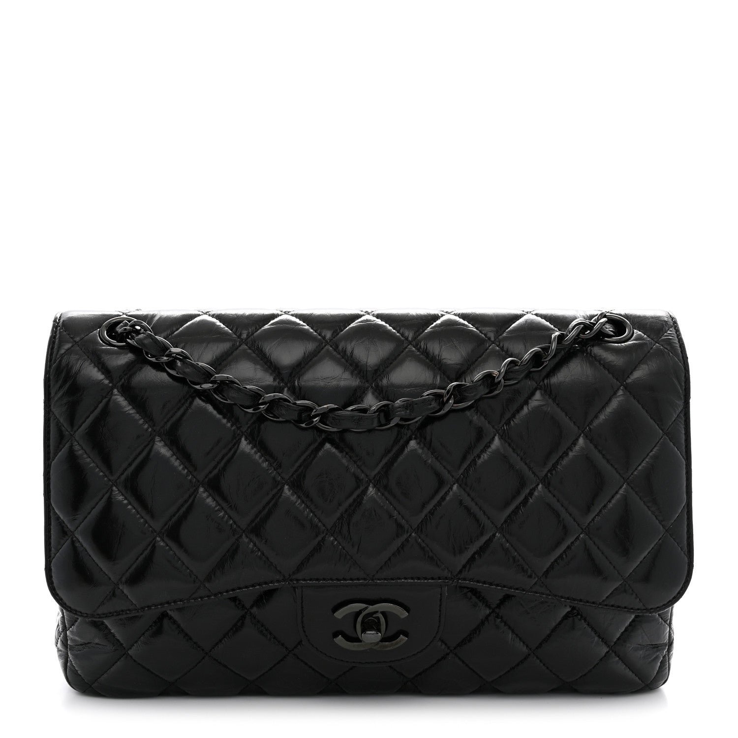 Chanel Shiny Distressed Calfskin Quilted Jumbo Double Flap So Black