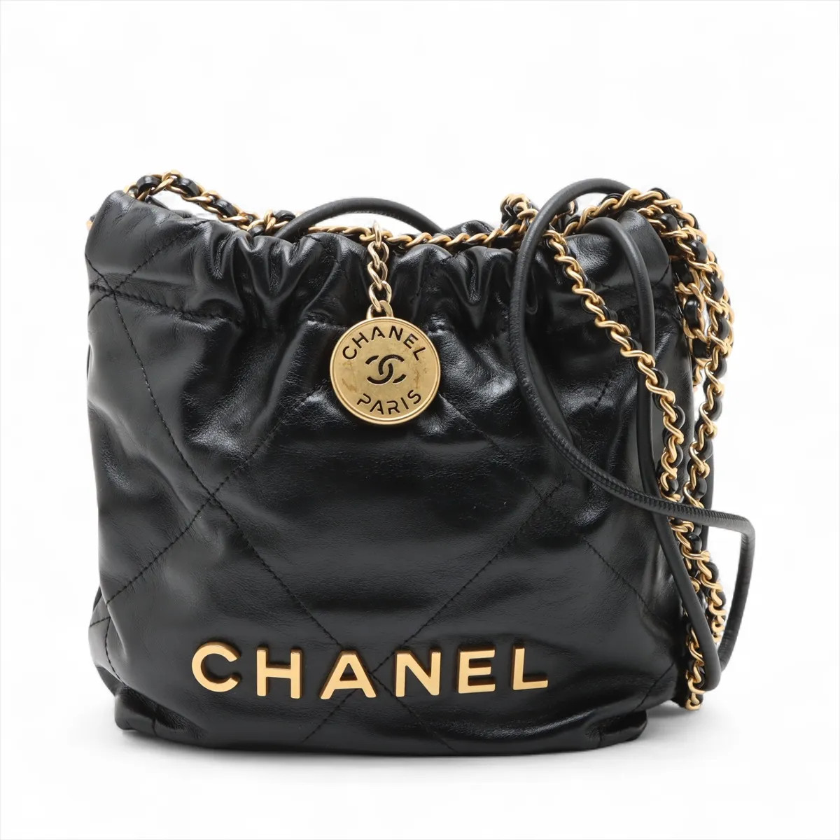 Chanel Chanel 22 mini shiny calfskin Chain Shoulder Bag Black Gold Metal Fitting