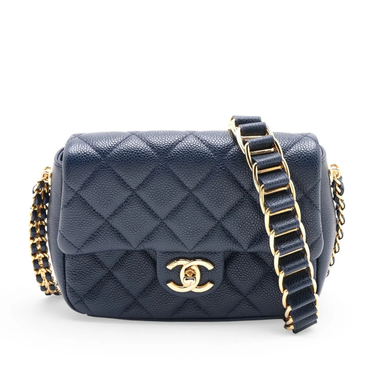 Chanel Matelasse Caviar Skin Chain Shoulder Bag Navy Blue Gold Metal Fittings ra