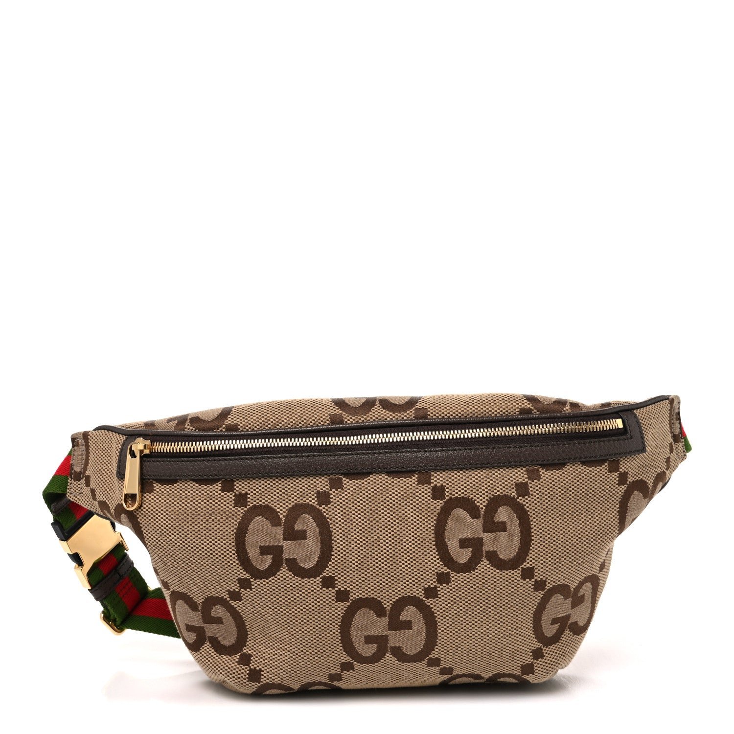 Gucci Monogram Jumbo GG Textured Dollar Calfskin Web Belt Bag Camel Ebony New Acero
