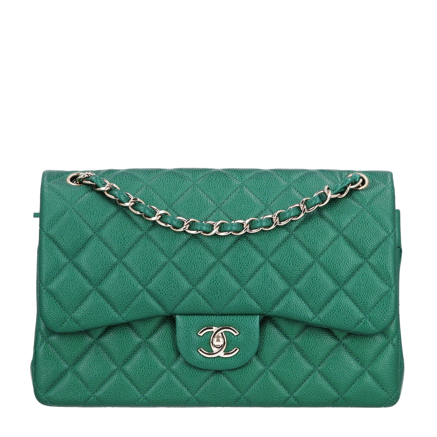 Chanel Metallic Caviar Quilted Jumbo Double Flap Green