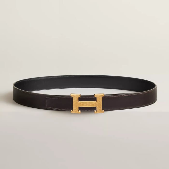 H Guillochee Belt Buckle & Reversible Leather Strap 32 MM