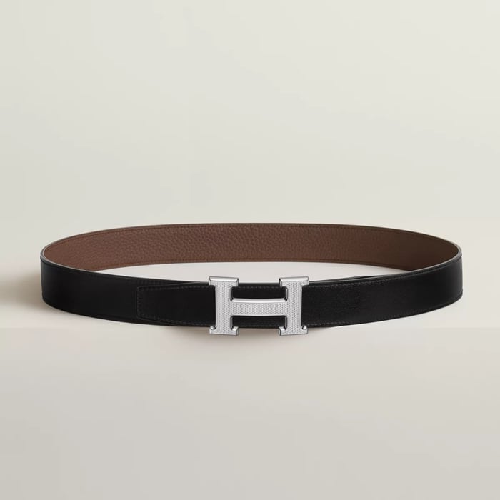 H Guillochee Belt Buckle & Reversible Leather Strap 32 MM