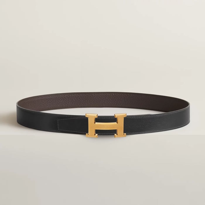 H Guillochee belt buckle & Reversible leather strap 32 mm