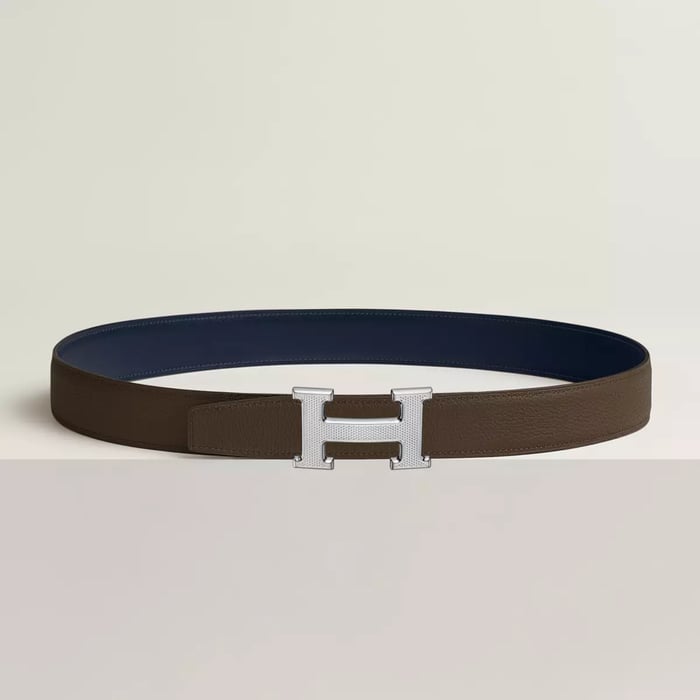 H Guillochee Belt Buckle & Reversible Leather Strap 32 MM
