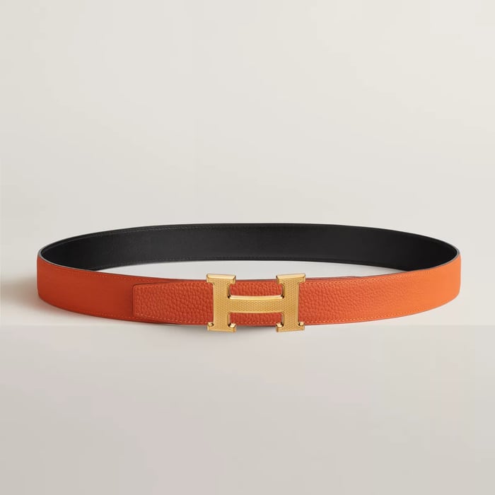 H Guillochee Belt Buckle & Reversible Leather Strap 32 MM