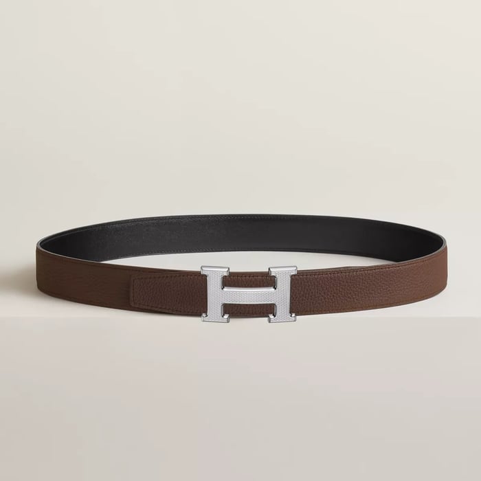 H Guillochee Belt Buckle & Reversible Leather Strap 32 MM