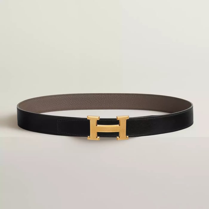 H Guillochee Belt Buckle & Reversible Leather Strap 32 MM