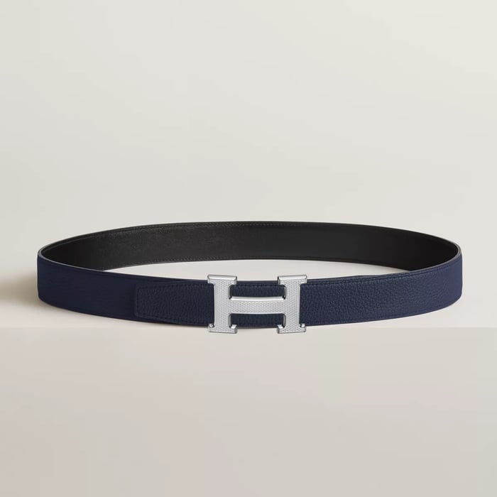 H Guillochee Belt Buckle & Reversible Leather Strap 32 MM