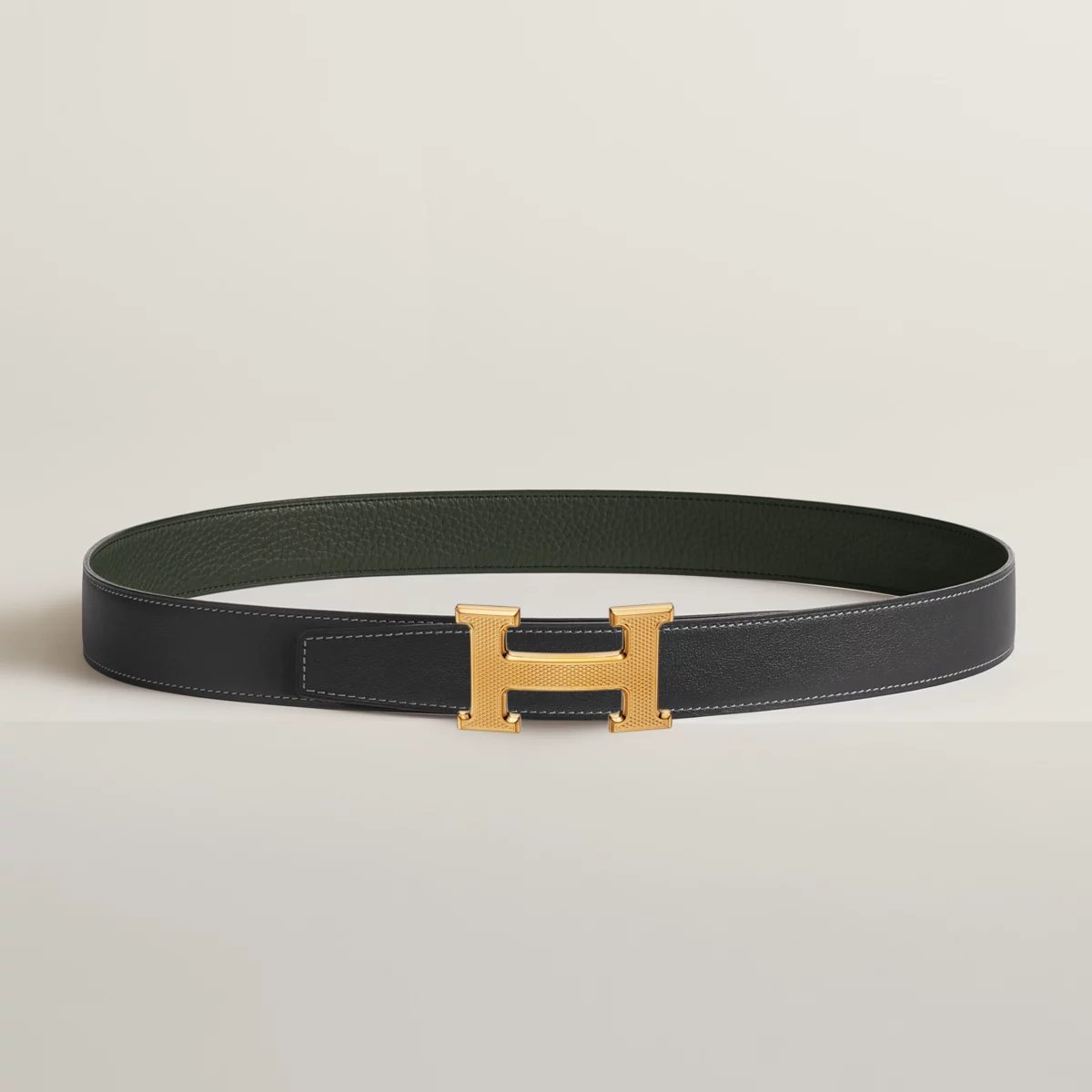 H Guillochee belt buckle & Reversible leather strap 32 mm