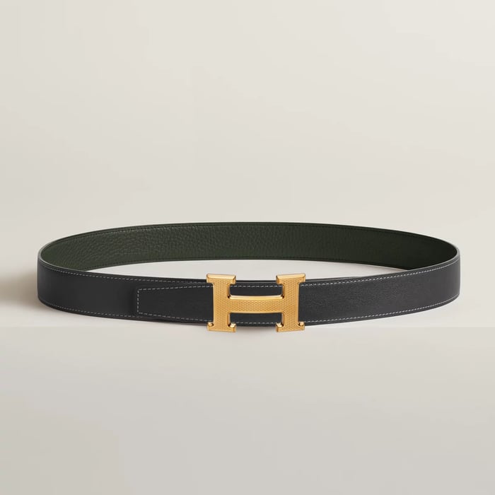 H Guillochee Belt Buckle & Reversible Leather Strap 32 MM