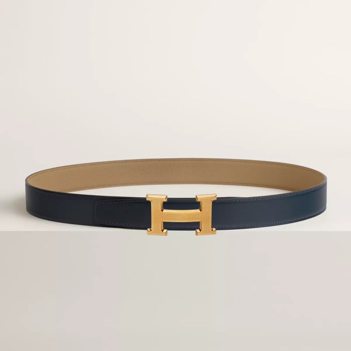 H Guillochee belt buckle & Reversible leather strap 32 mm