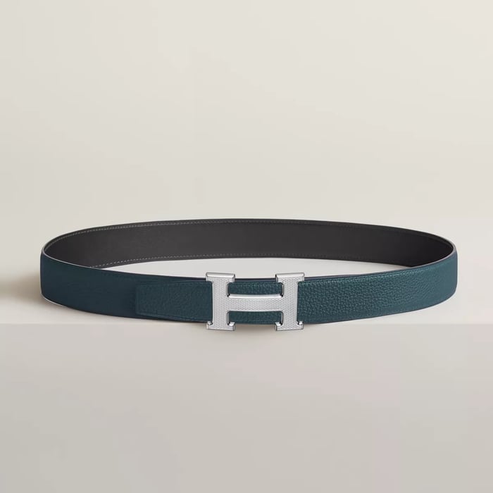 H Guillochee Belt Buckle & Reversible Leather Strap 32 MM