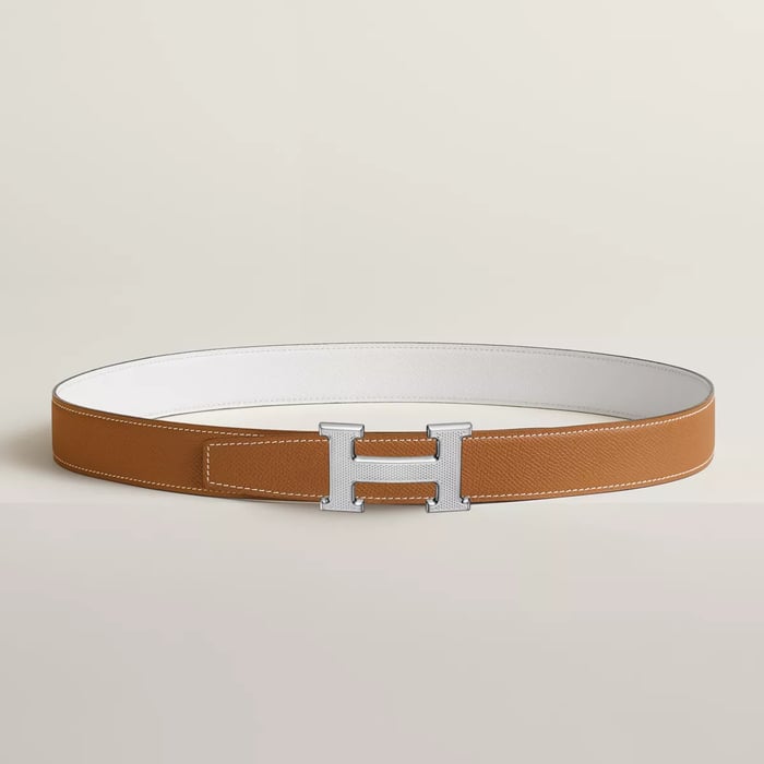 H Guillochee Belt Buckle & Reversible Leather Strap 32 MM