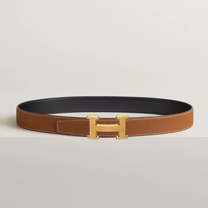 H Guillochee Belt Buckle & Reversible Leather Strap 32 MM