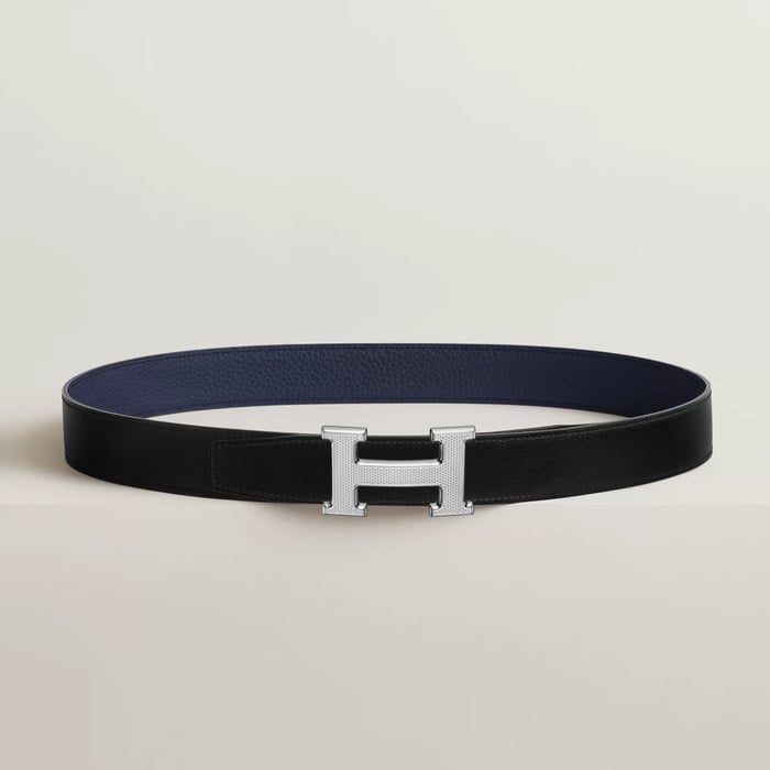 H Guillochee Belt Buckle & Reversible Leather Strap 32 MM