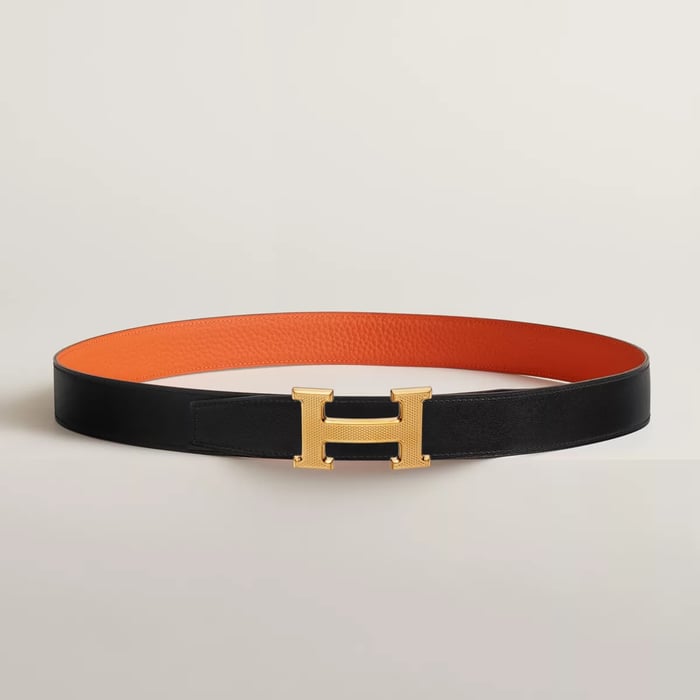 H Guillochee Belt Buckle & Reversible Leather Strap 32 MM
