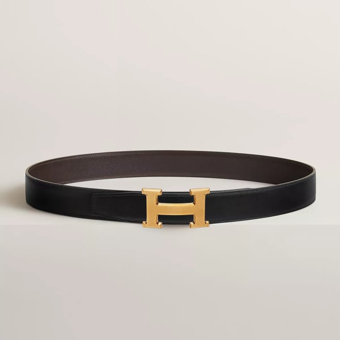 H Guillochee Belt Buckle & Reversible Leather Strap 32 MM