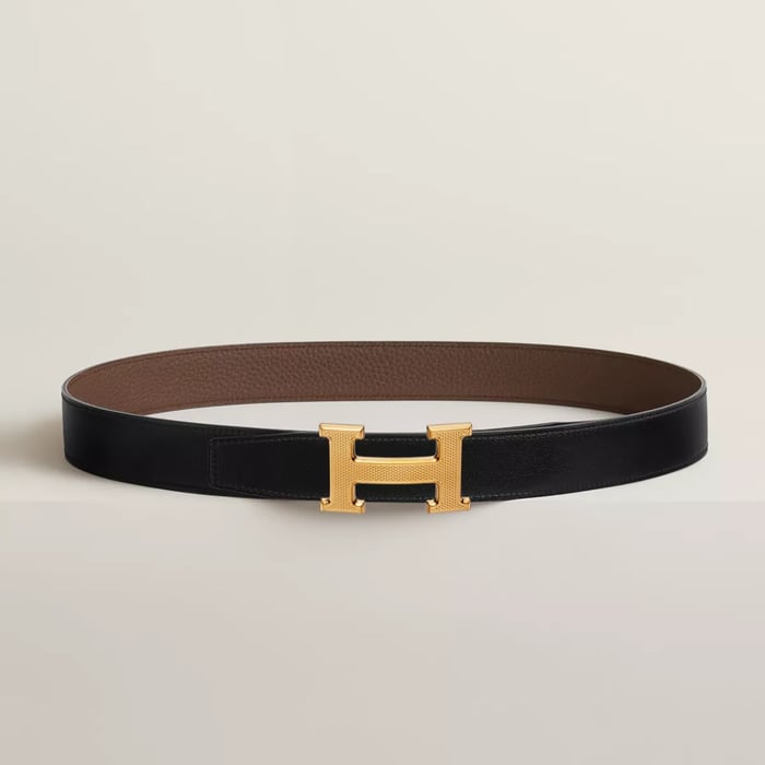 H Guillochee Belt Buckle & Reversible Leather Strap 32 MM