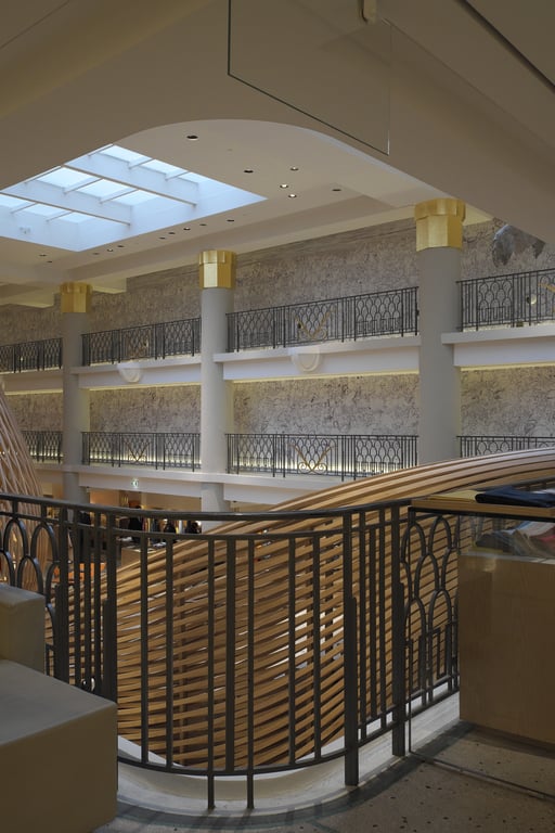 Interior of the former Piscine Lutetia swimming pool, now the Hermès Rive Gauche store, showing the tall Art Deco hall