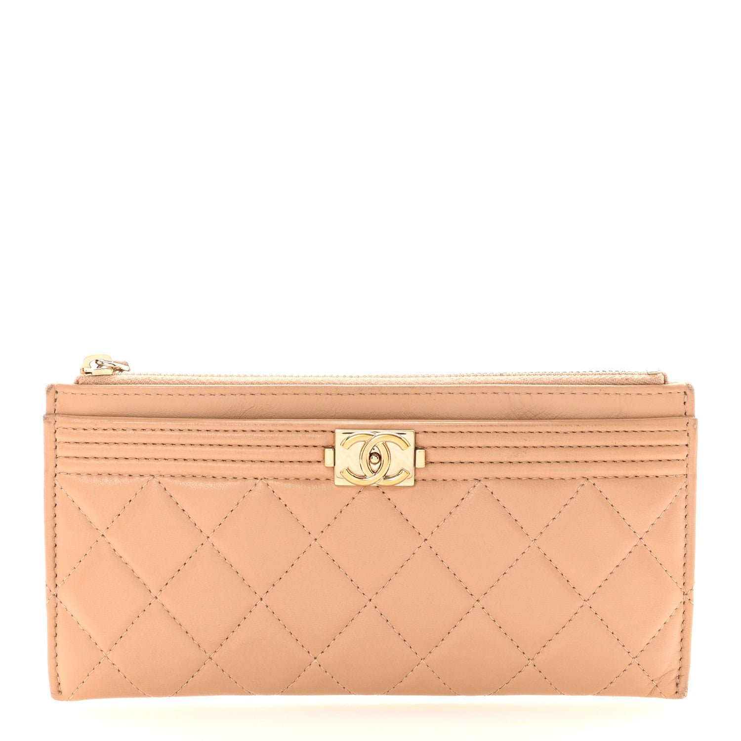 Chanel Lambskin Quilted Classic Zip Boy Pouch Beige