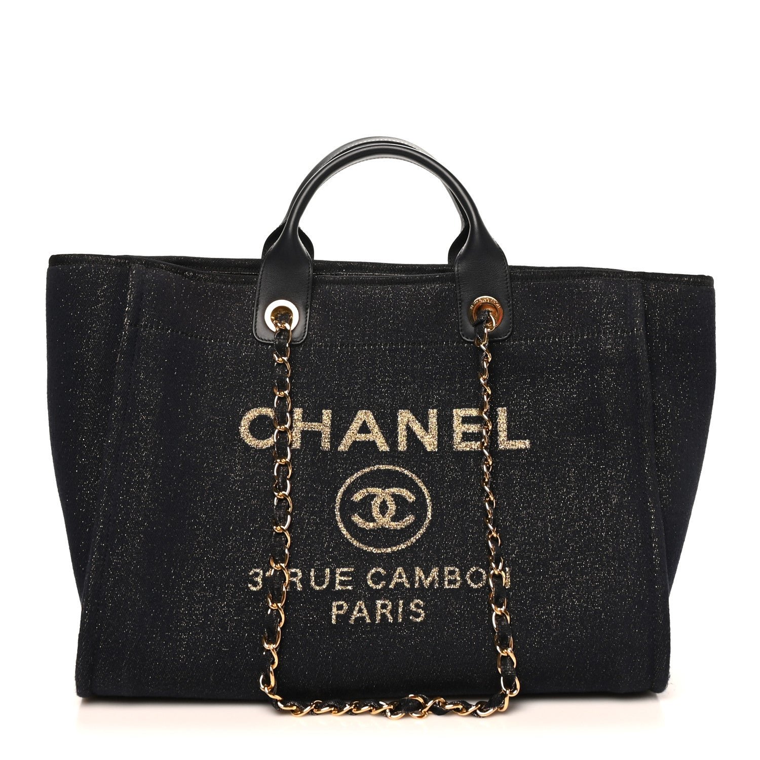 Chanel Lurex Canvas Medium Deauville Tote Navy Blue Gold