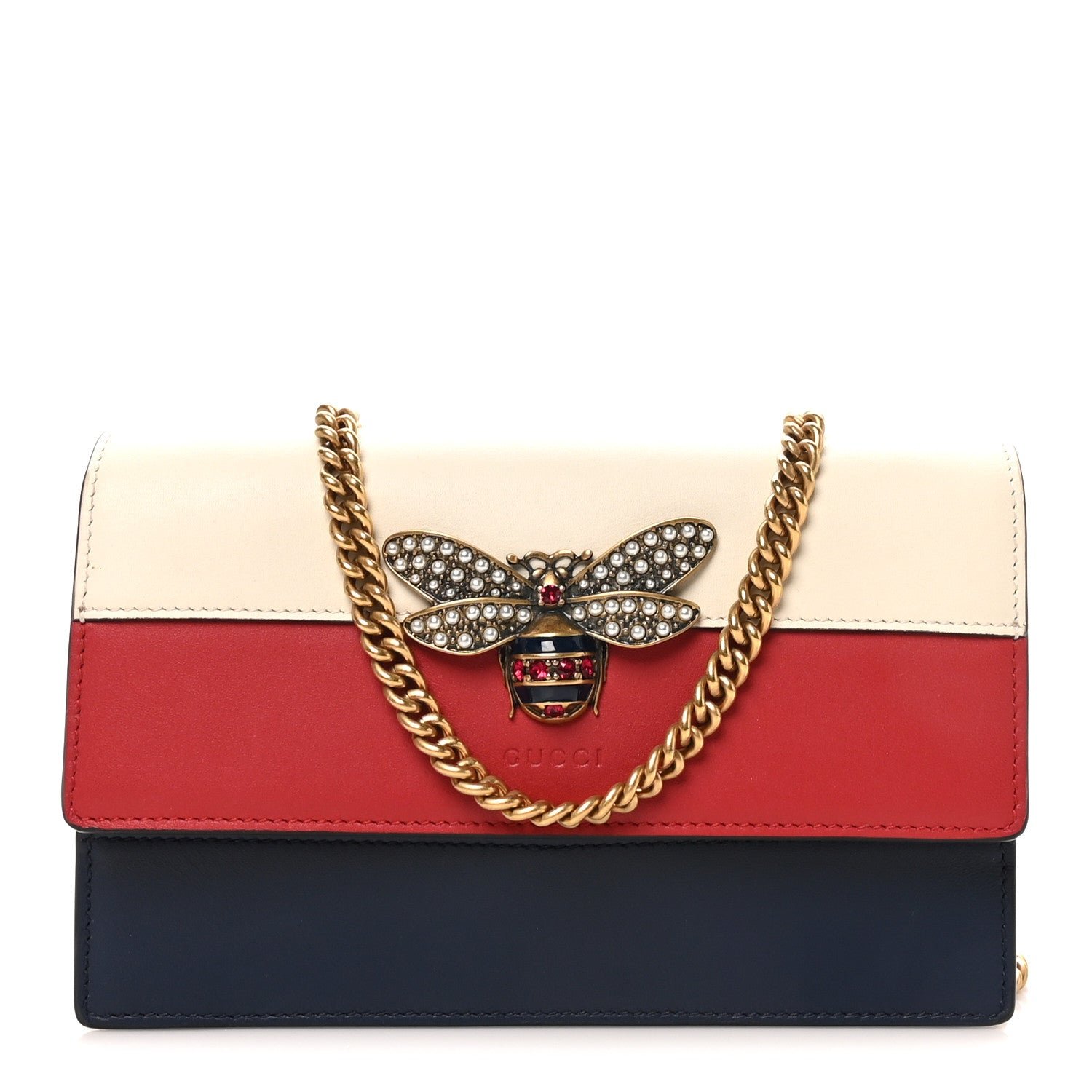 Gucci Calfskin Queen Margaret Chain Wallet Blue Agata Hibiscus Red Mystic White