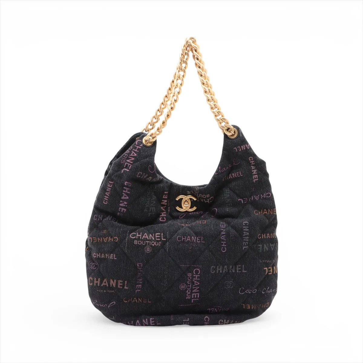 Chanel Matelasse Denim Chain Shoulder Bag Black Gold Metal Fittings random plate