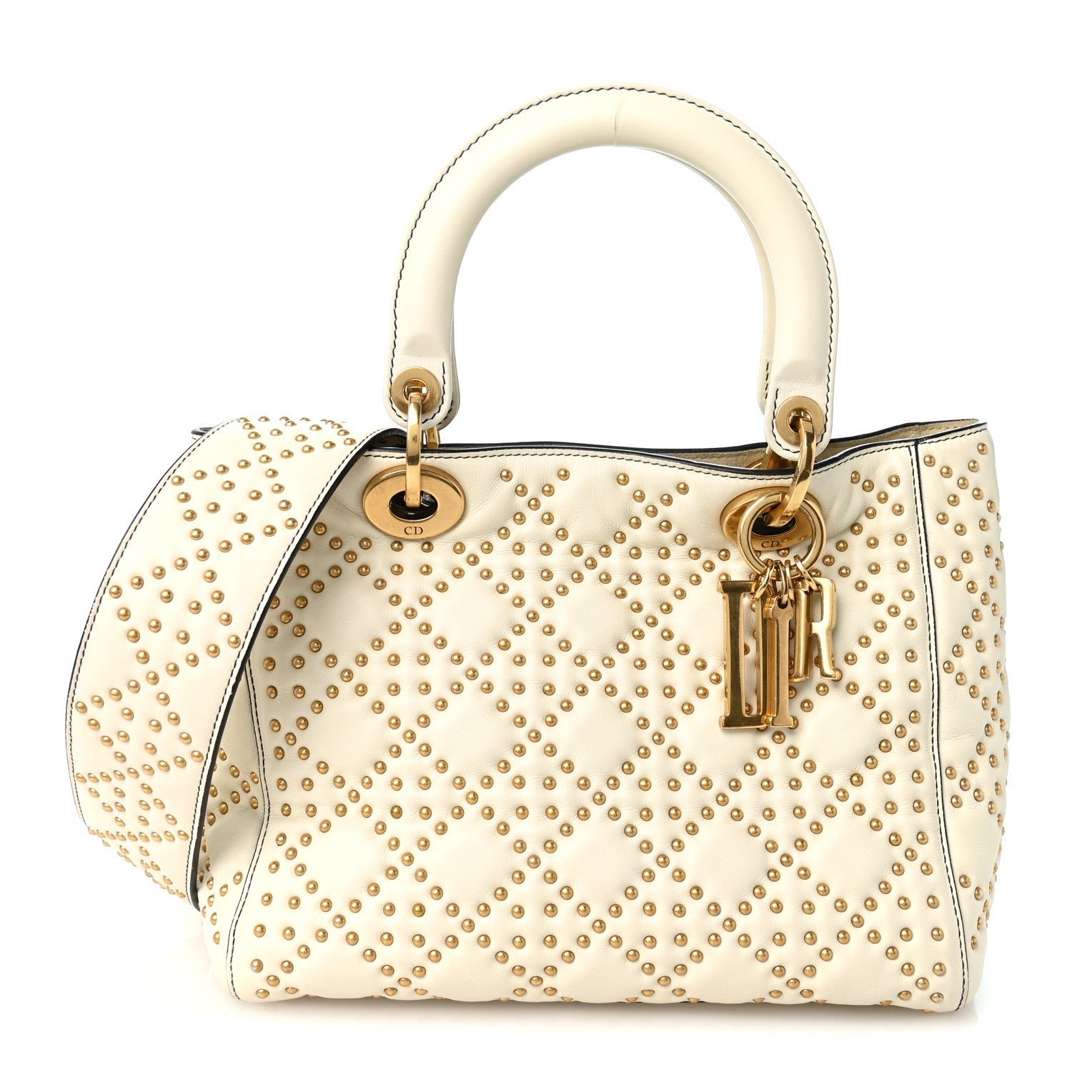 Christian Dior Calfskin Cannage Studded Medium Supple Lady Dior White