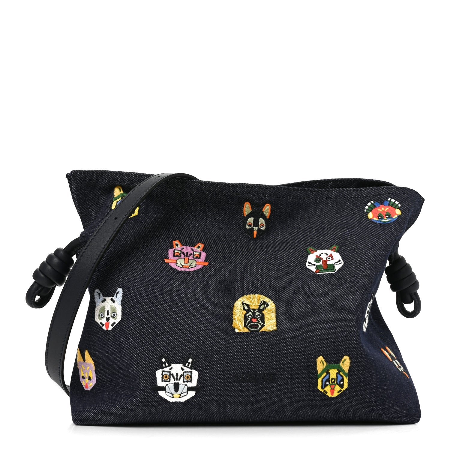 Loewe X Louis Wain Denim Embroidered Futurist Cats Medium Flamenco Knot Clutch Blue