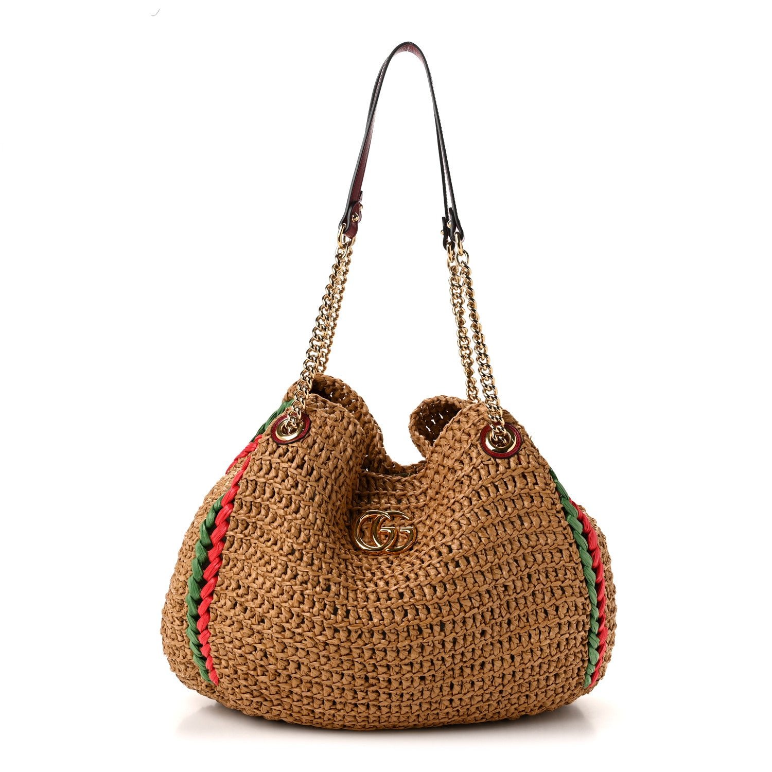 Gucci Raffia Effect Large GG Marmont Shoulder Tote Bag Natural Red Green