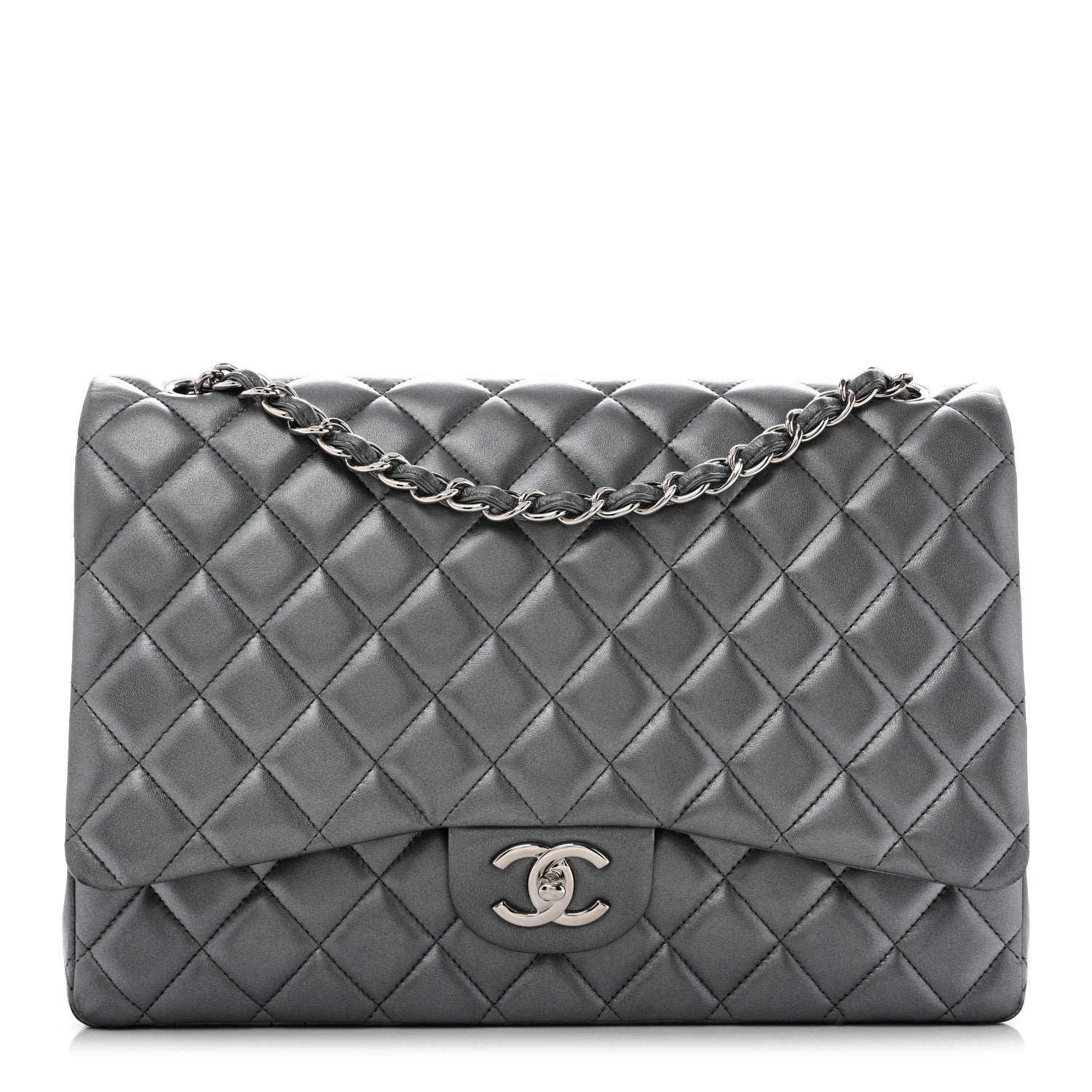 Metallic Lambskin Quilted Maxi Double Flap Pewter