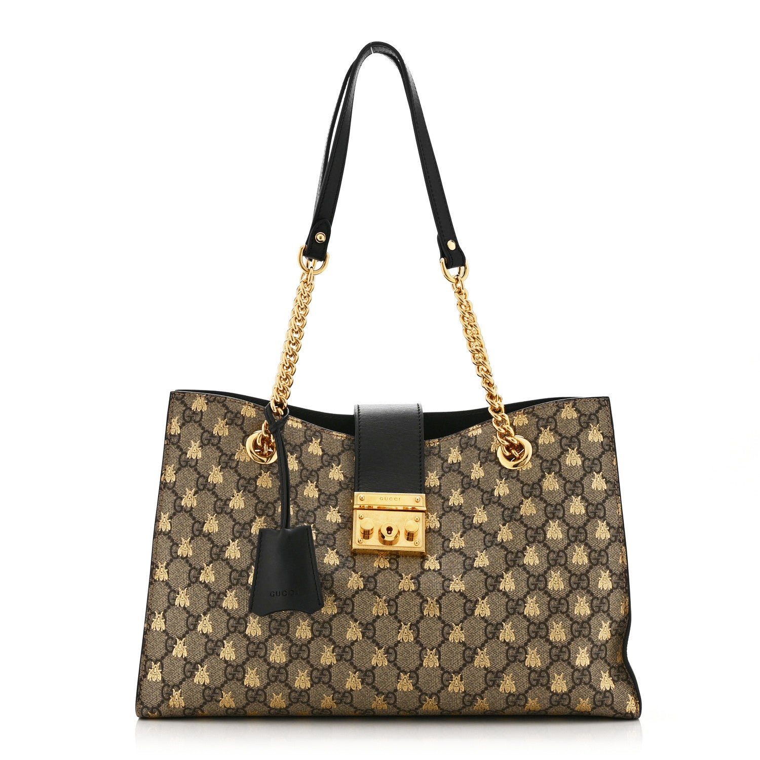 Gucci GG Supreme Monogram Bees Medium Padlock Tote Beige Oro Black