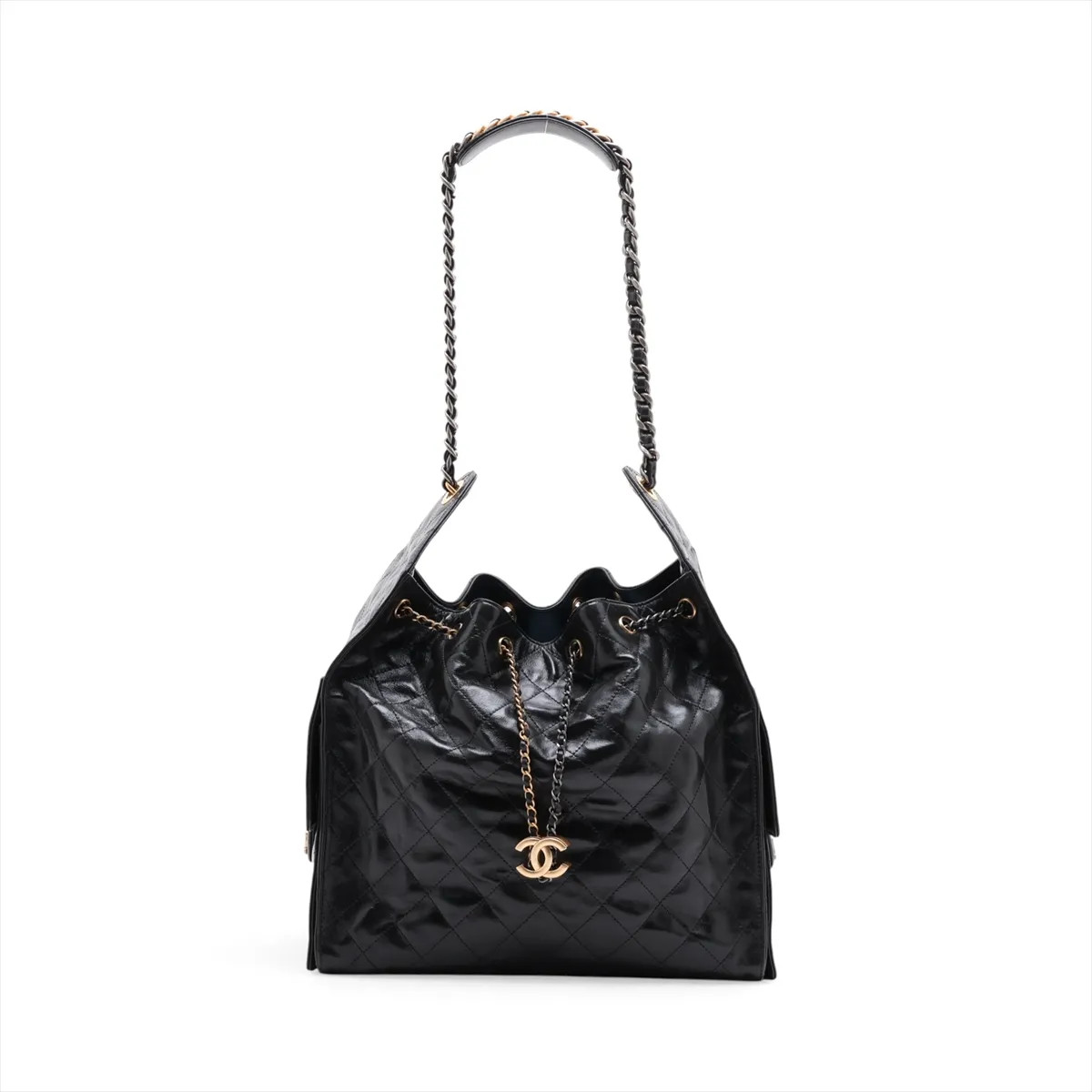 Chanel Chanel 25 Medium Leather Chain Shoulder Bag Black Gold x Silver Metal Fit