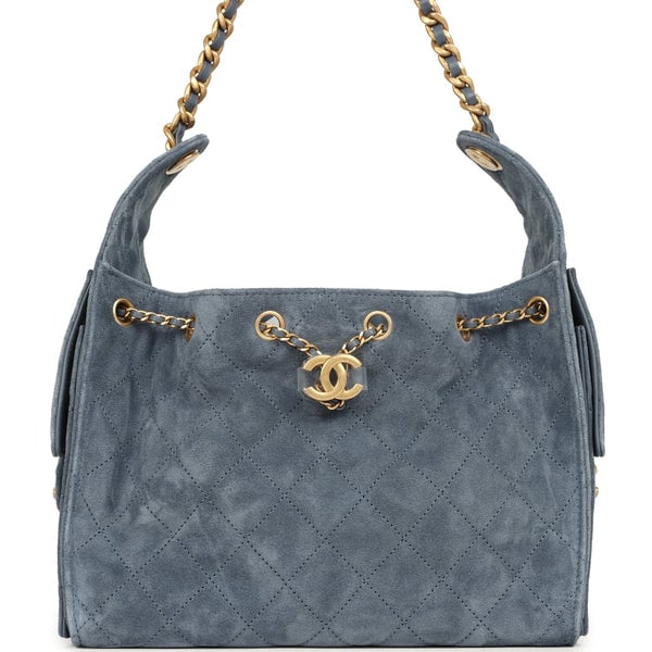 Chanel Small 25 Hobo Bag Blue Suede Antique Gold Hardware