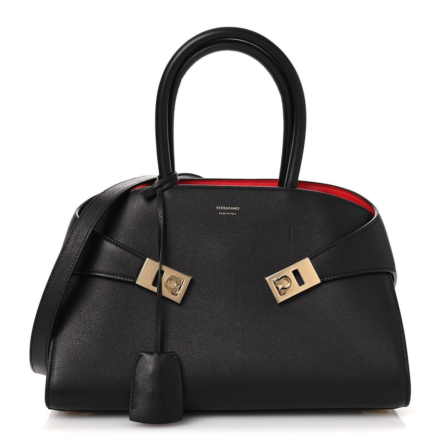 Salvatore Ferragamo Calfskin Medium Hug Soft Bicolor Shoulder Bag Black Flame Red
