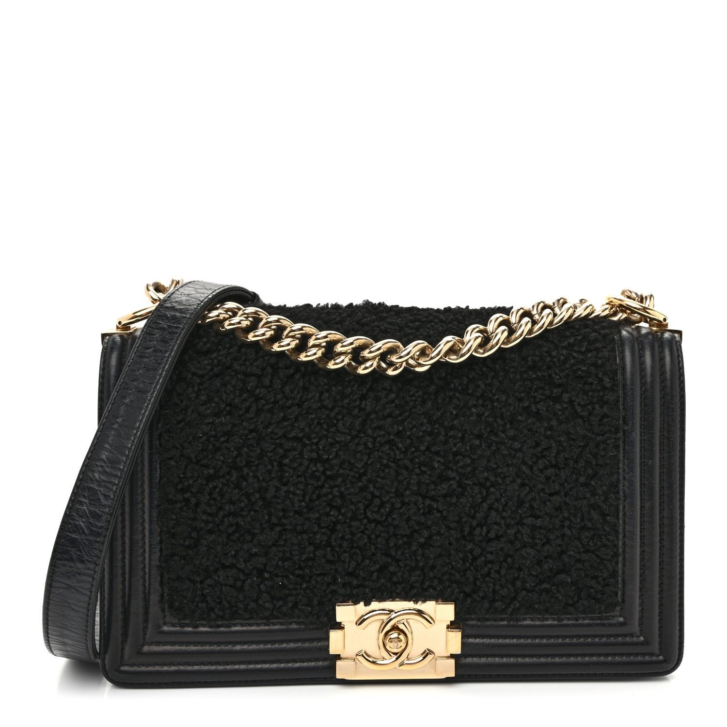 Chanel Shearling Sheepskin Medium Boy Flap Black