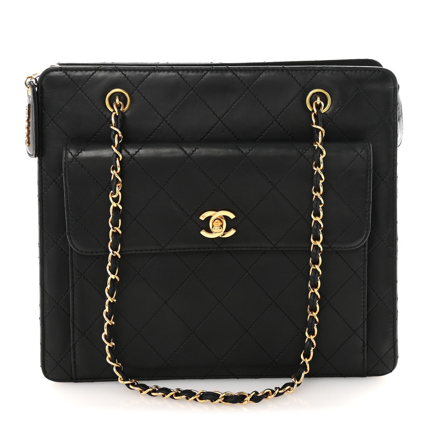Chanel Lambskin Quilted CC Front Pocket Shopping Tote Black