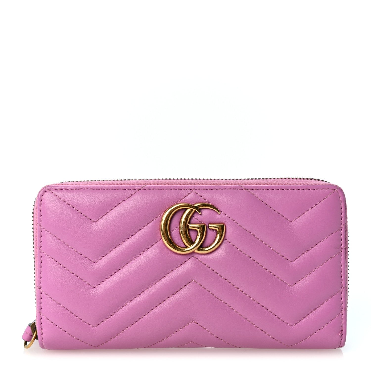 Gucci Calfskin Matelasse GG Marmont Zip Around Wallet Candy Mousse