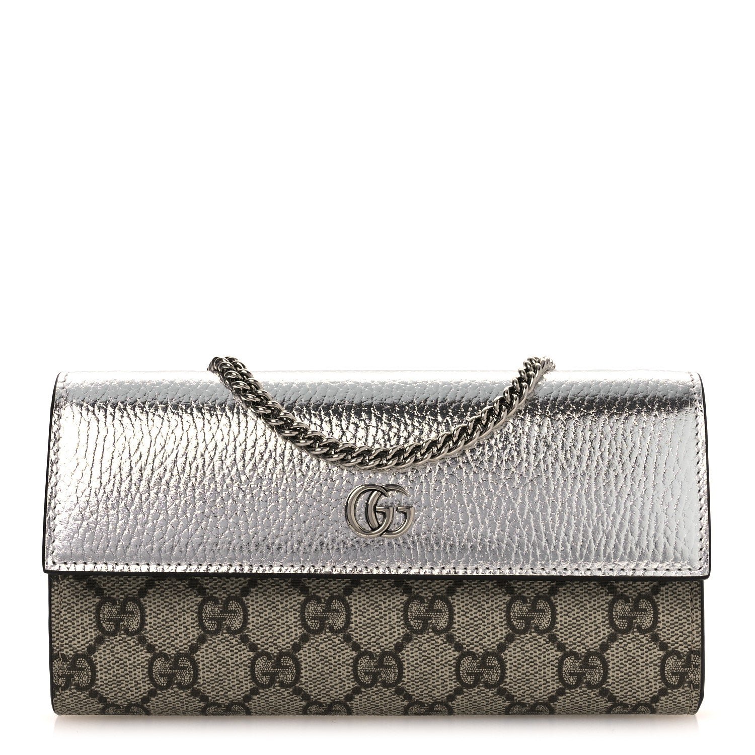 Gucci Metallic Calfskin GG Supreme Monogram Petite GG Marmont Wallet Chain Bag Silver Beige Ebony