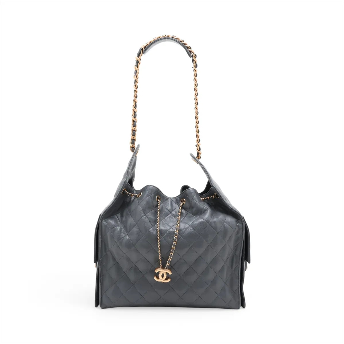 Chanel Chanel 25 Medium Caviar Skin Chain Shoulder Bag Gray Gold Metal Fittings