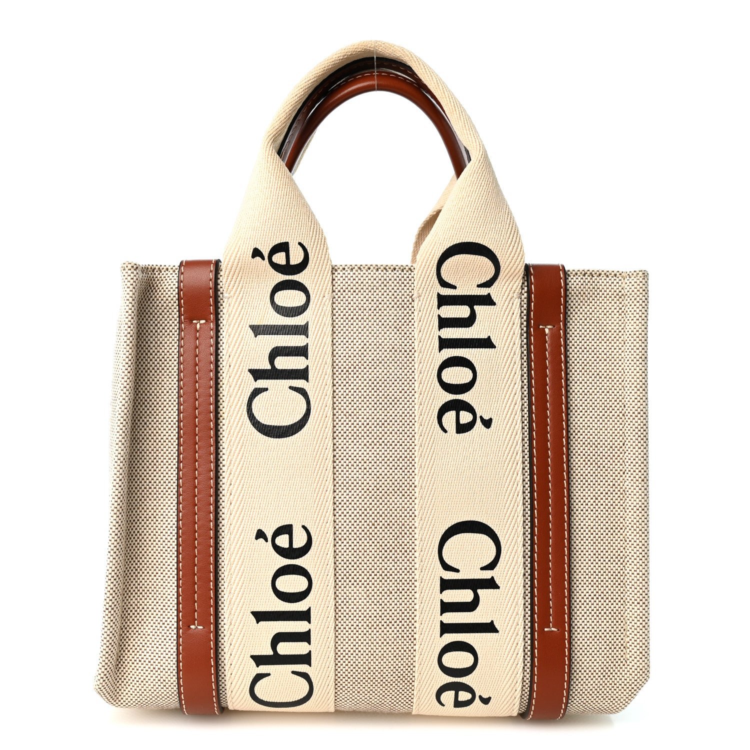Chloe Cotton Calfskin Small Woody Ribbon Tote  White Brown