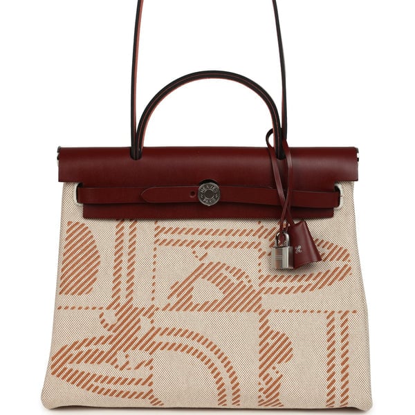 Hermes Hermes Special Order (HSS) Herbag Zip PM 31 "Brides de Gala" Rouge H Vache Hunter and Ecru & Beige Toile H Canvas Palladium Hardware
