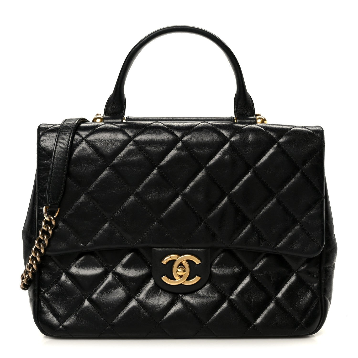 Chanel Glazed Calfskin Quilted Large Gold Bar Top Handle Flap Black