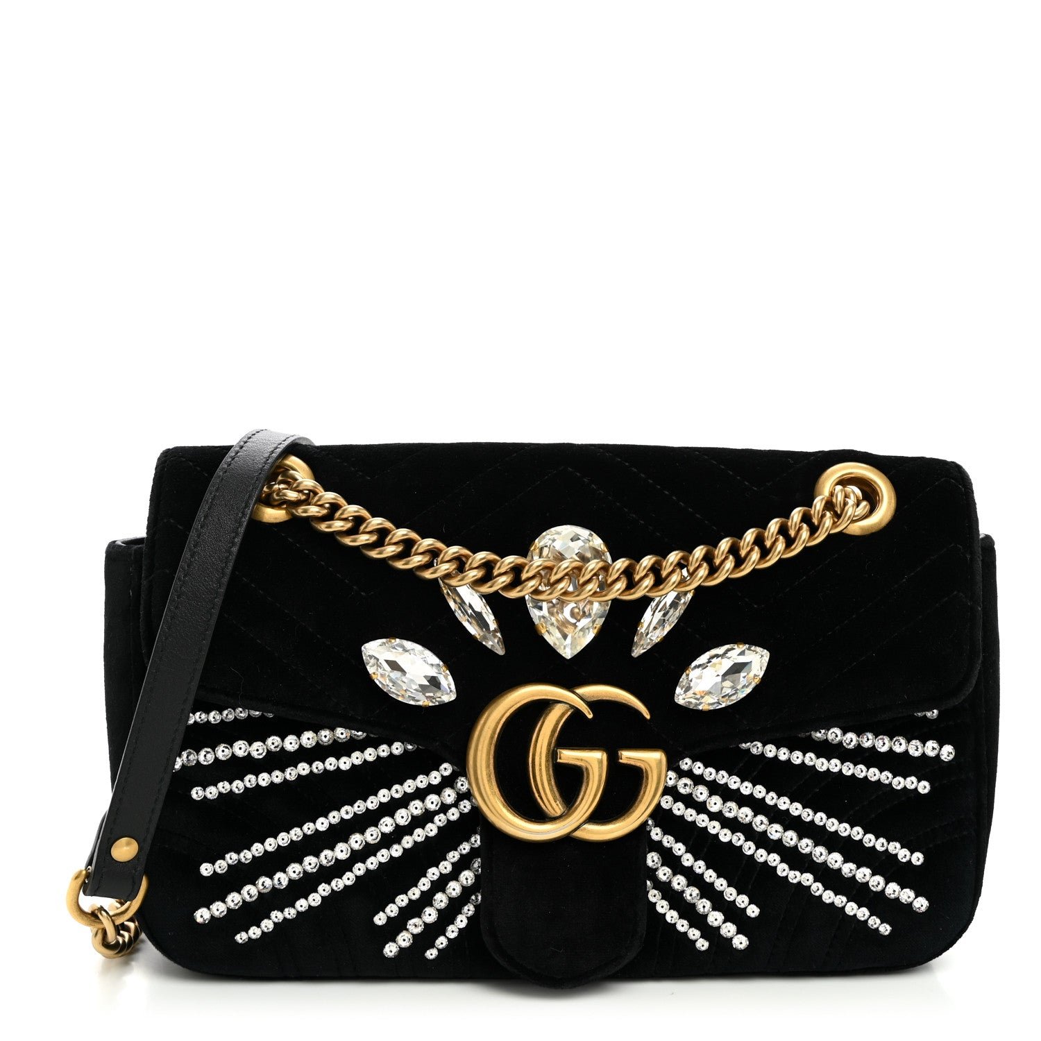 Gucci Velvet Matelasse Marquise Crystals Embroidered Small GG Marmont Shoulder Bag Black