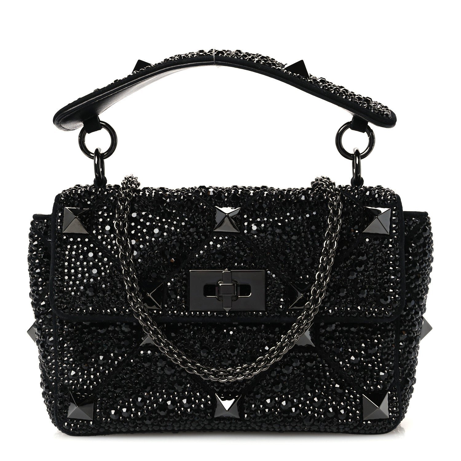 Valentino Garavani Crystal Suede Lacquer Monochrome Medium Roman Stud Shoulder Bag Black